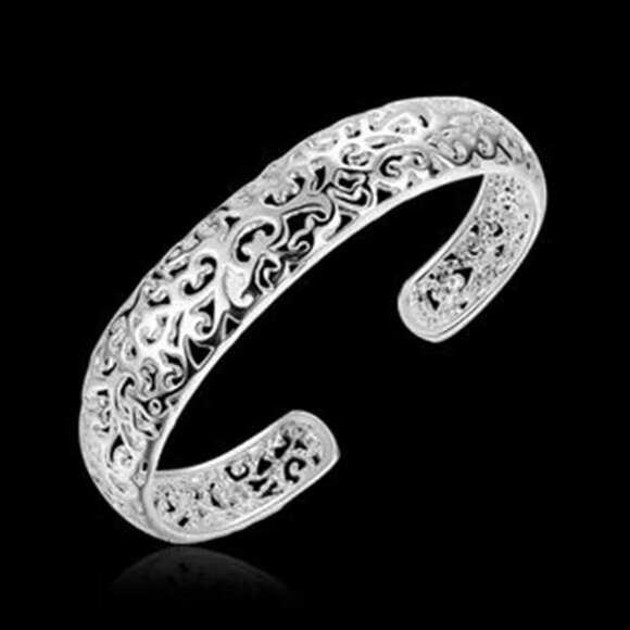 Elegant 925 Sterling Silver Hollow Flower Wristband Bracelet Open Bangle Cuff - Picture 3 of 6